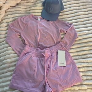 Lululemon Lavender Long Sleeve and Dance Studio Shorts Set with hat